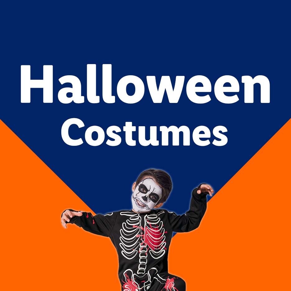 A child in a skeleton costume with face paint, advertising Halloween costumes.
