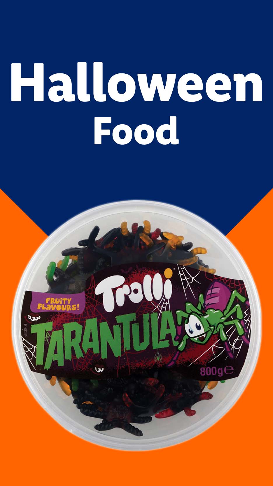 Halloween Food: A tub of Trolli Tarantula gummy candies, shaped like spiders, with fruity flavors.
