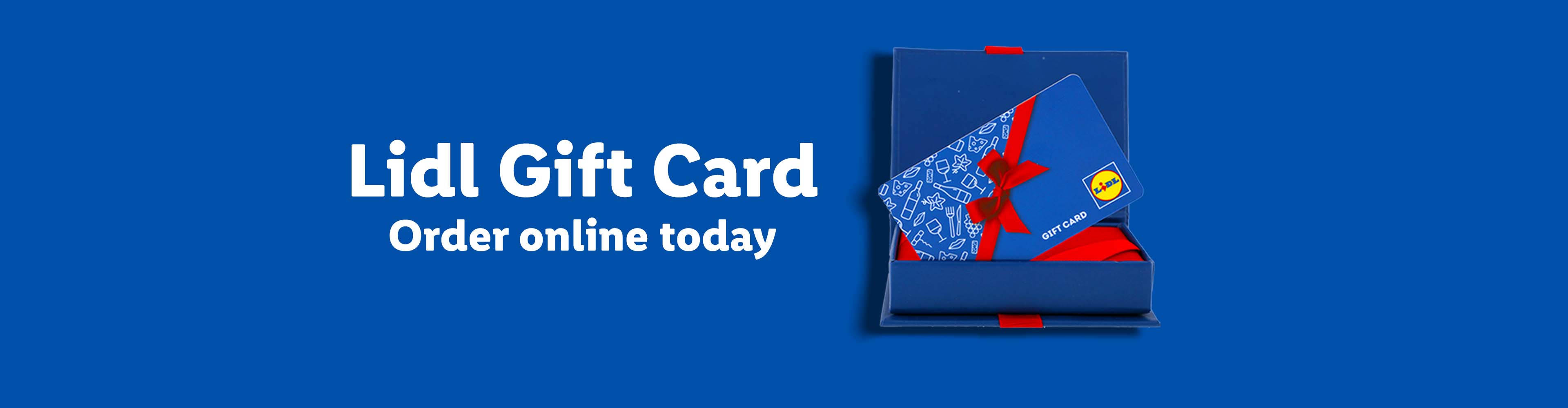 Lidl Gift Card in a blue box with a red ribbon, with text 'Order online today'.
