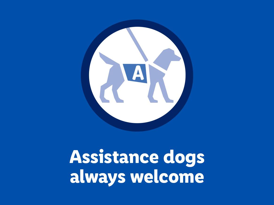 Assistance dog symbol with text: 'Assistance dogs always welcome' on a blue background.