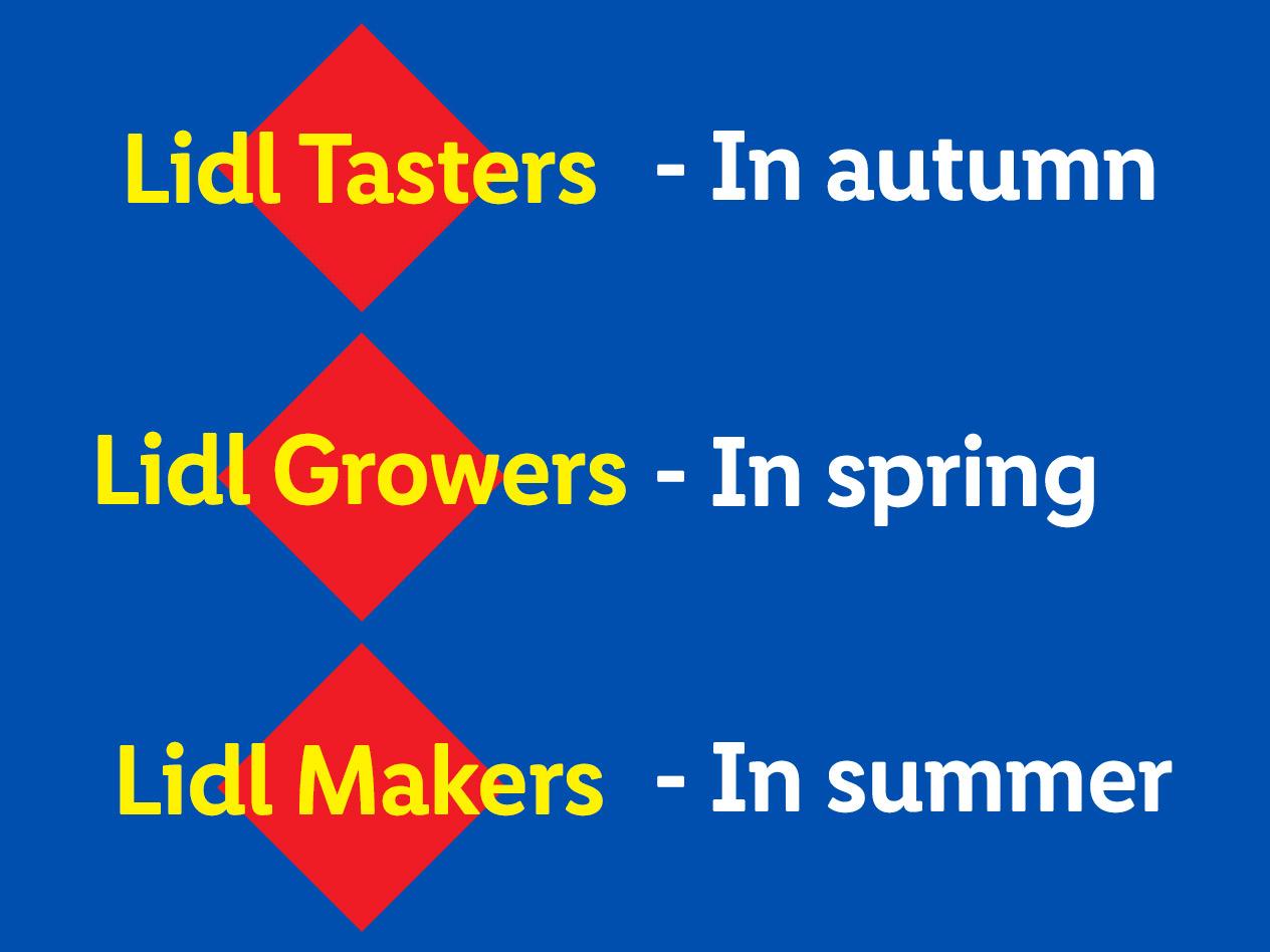 Tasters in autumn, Growers in spring, Makers in summer, with red diamond shapes.