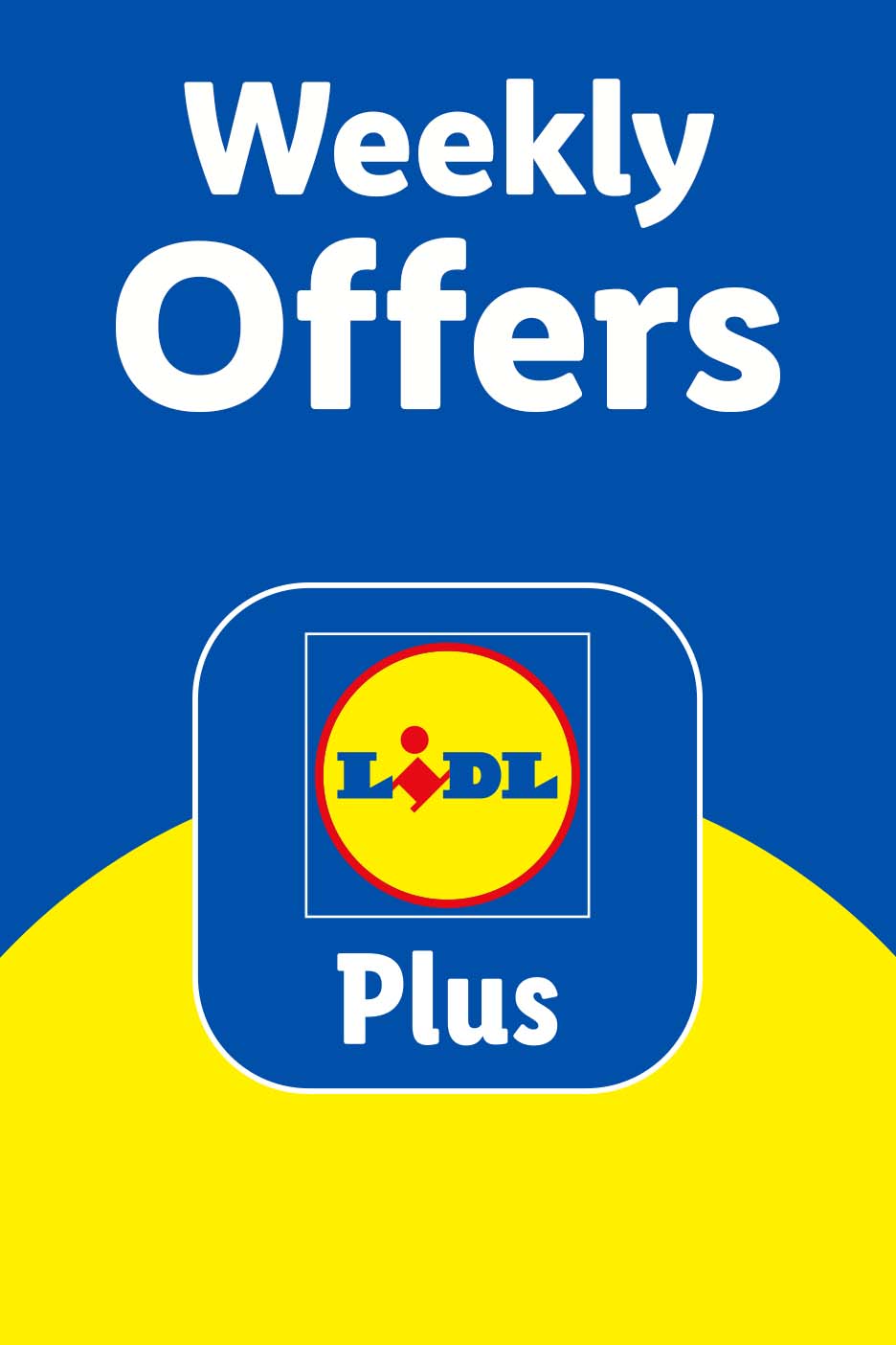 Blue and yellow graphic with 'Weekly Offers' and the Lidl Plus logo.