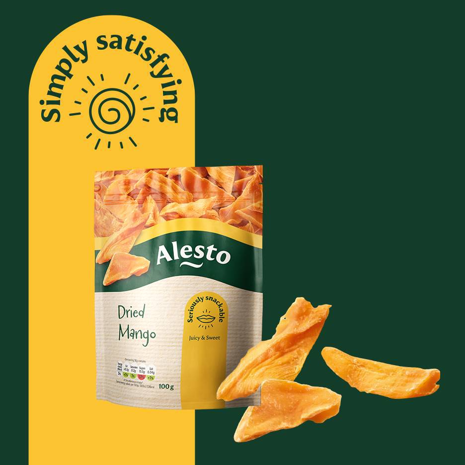 A pouch of dried mango slices with text 'Simply satisfying' and 'Seriously snackable, Juicy & Sweet'.