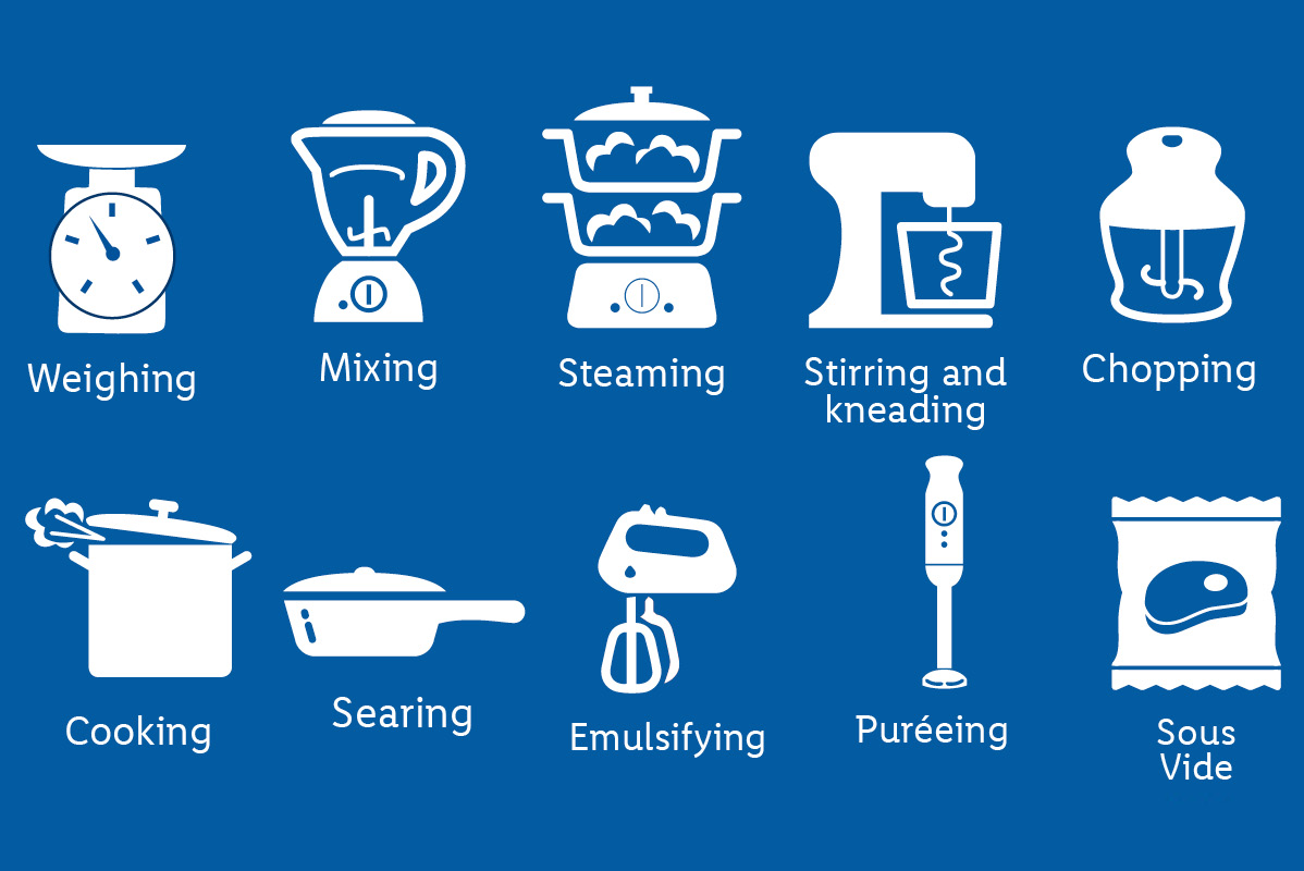 Kitchen tools: weighing, mixing, steaming, and more.