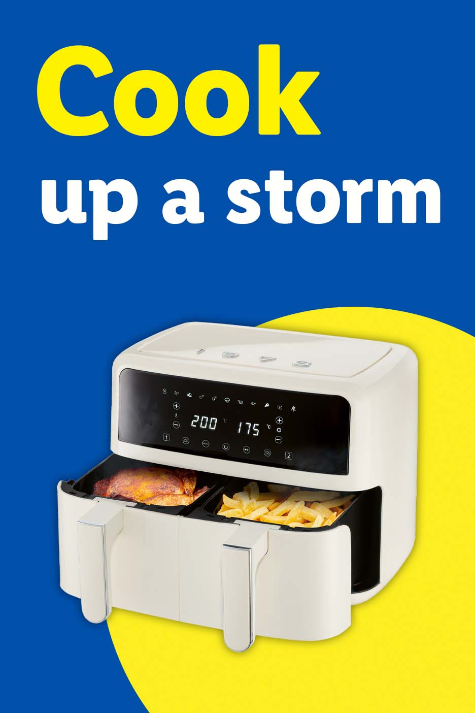 An air fryer with two baskets, one holding chicken and the other fries, on a blue and yellow background.