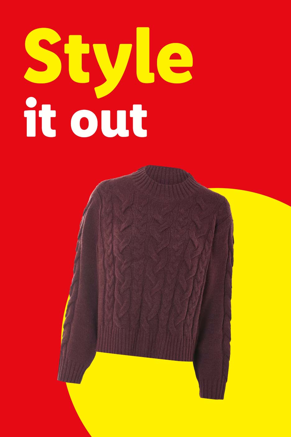 A burgundy cable-knit sweater on a red and yellow background with the text 'Style it out'.