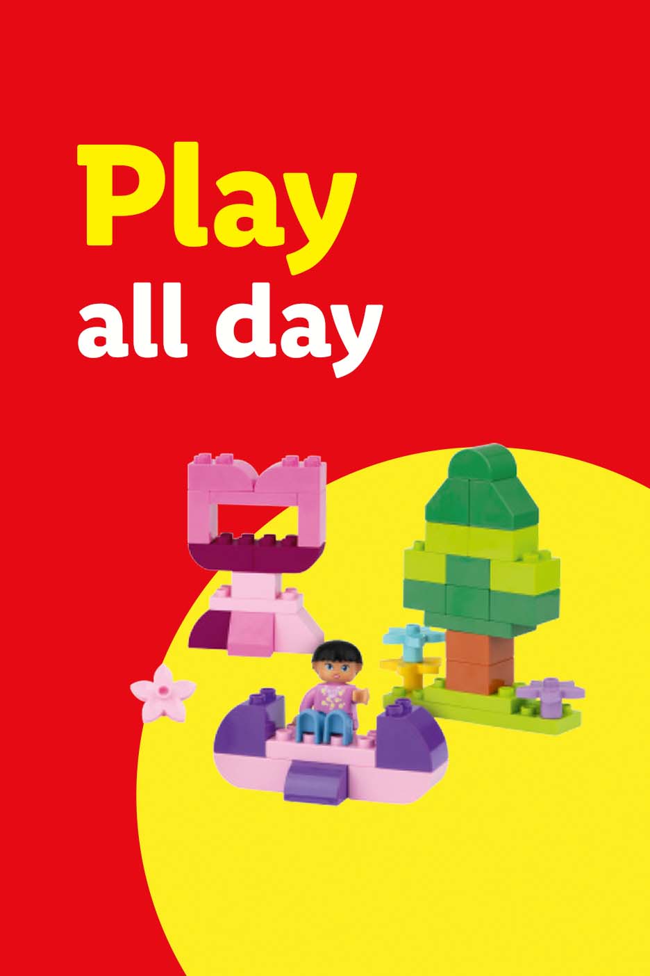 Colorful building blocks and a doll on a red and yellow background with text.