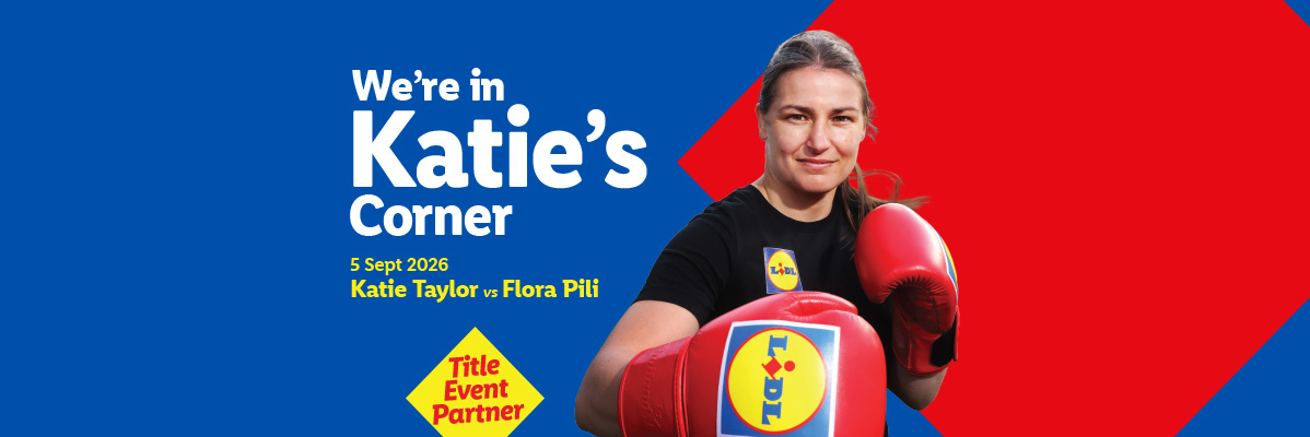 Female boxer in red gloves, with text 'We're in Katie's Corner' and event details.