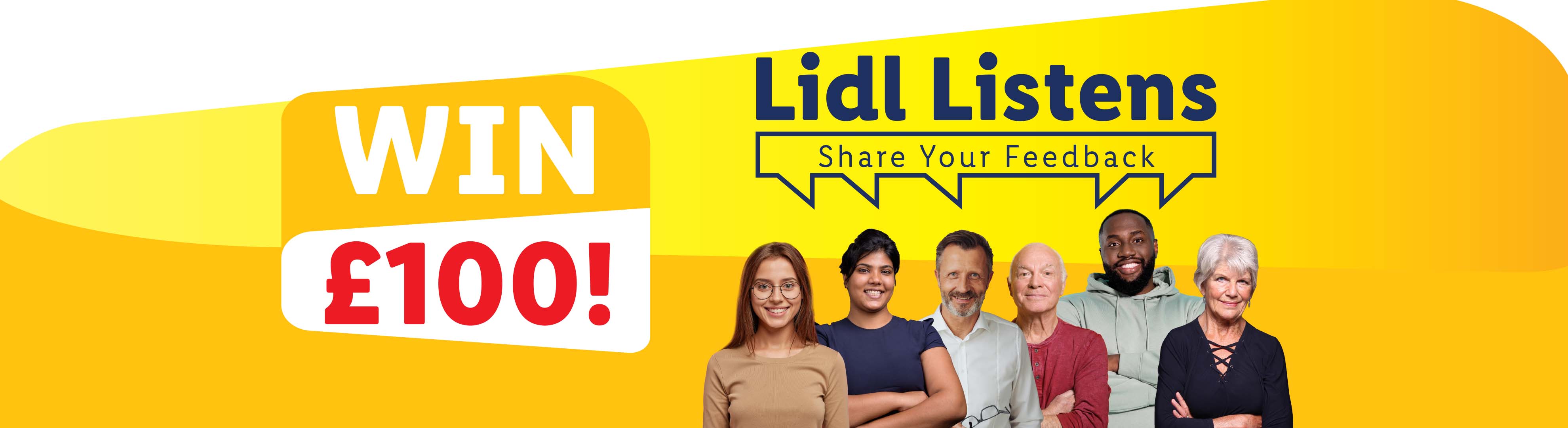 Lidl survey banner: 'Lidl Listens, Share Your Feedback' with diverse people and 'WIN £100!'
