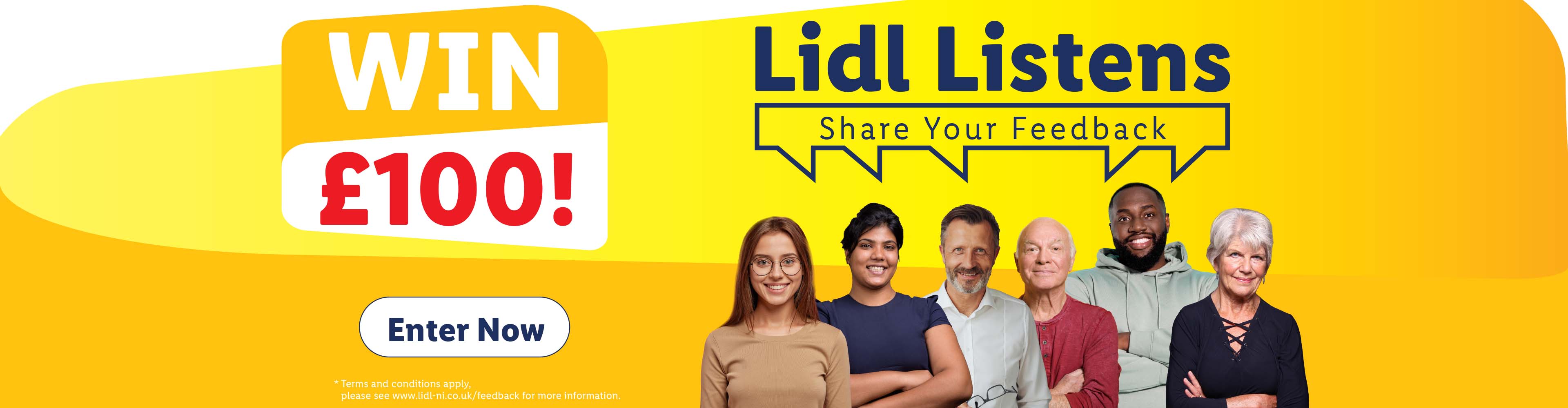 Lidl customer feedback survey banner with 'Win £100!' and diverse smiling people.
