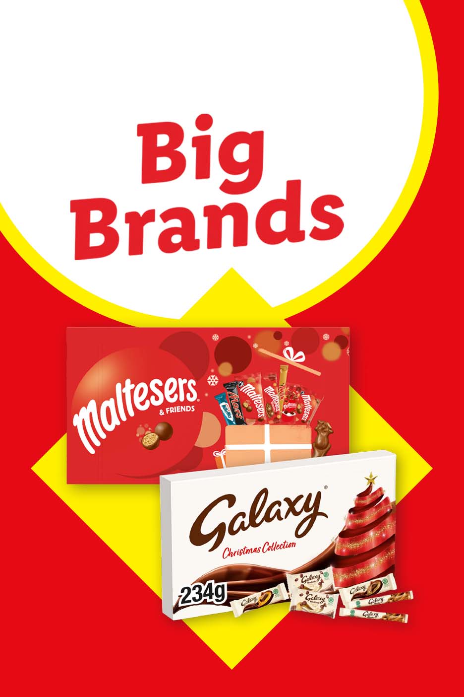 Maltesers and Galaxy chocolates with 'Big Brands' text, festive theme.