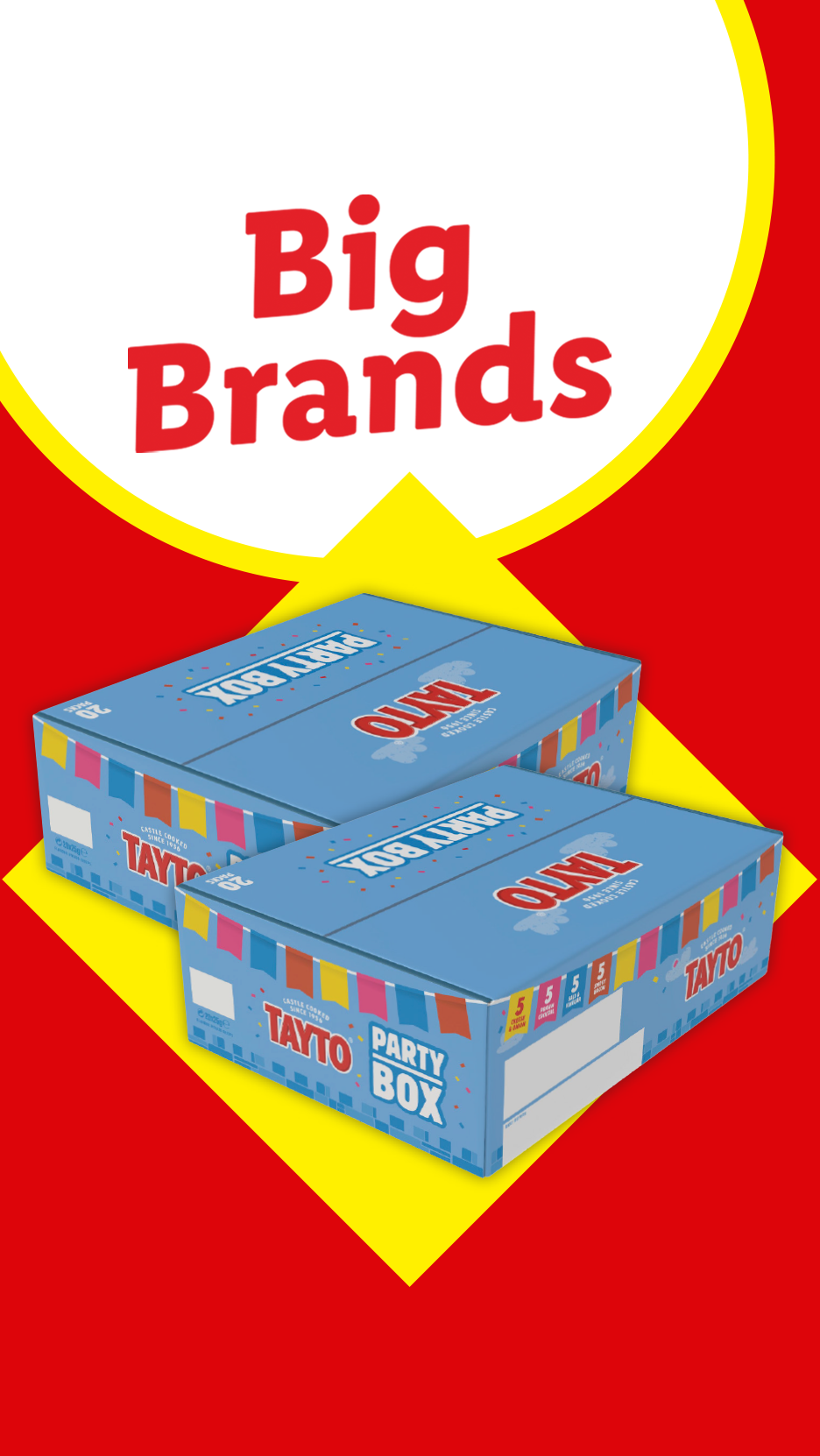 Two Tayto Party Boxes with a 'Big Brands' banner on a red and yellow background.