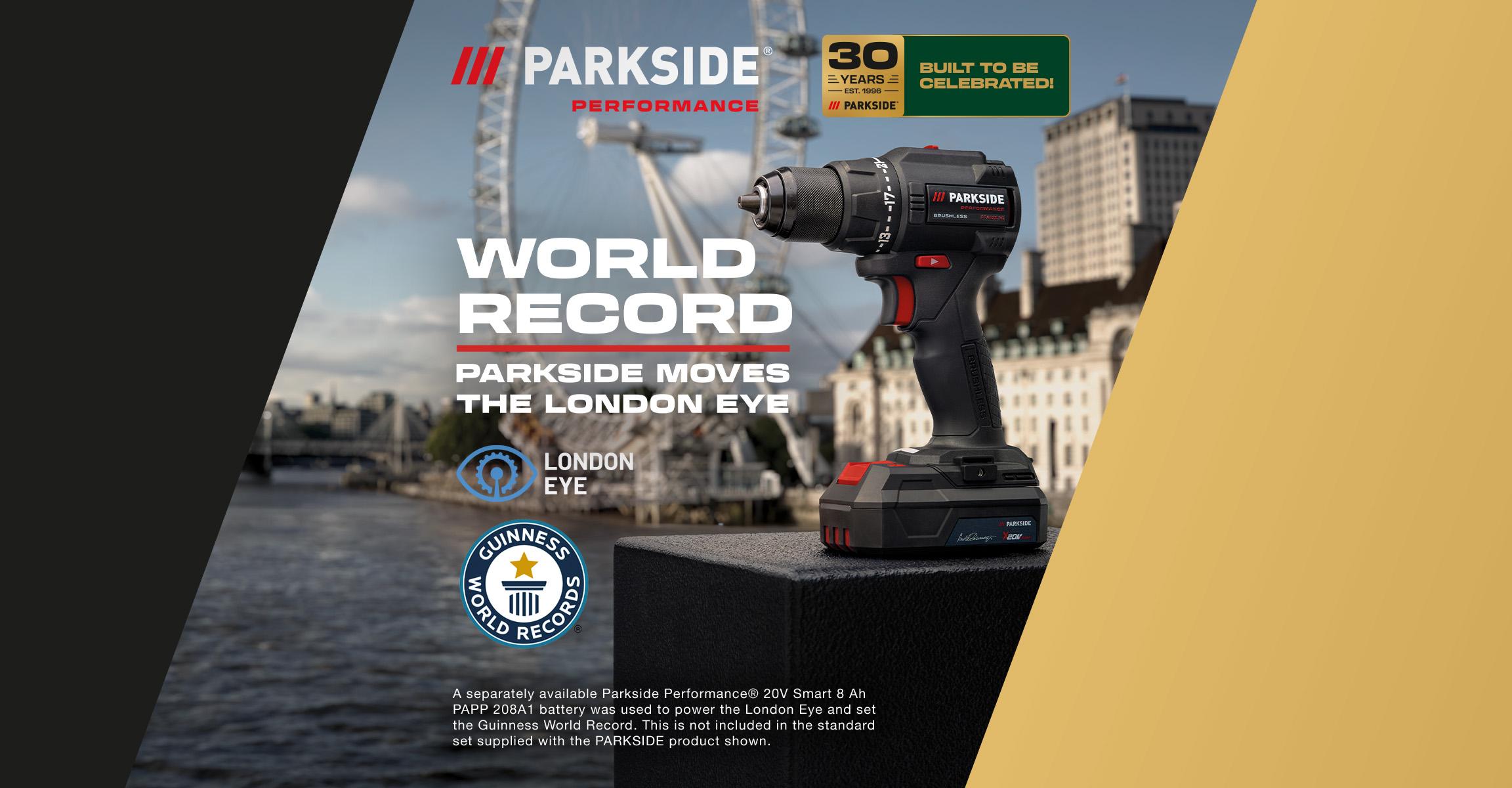 Cordless drill with battery, Guinness World Record logo, and text about moving the London Eye.