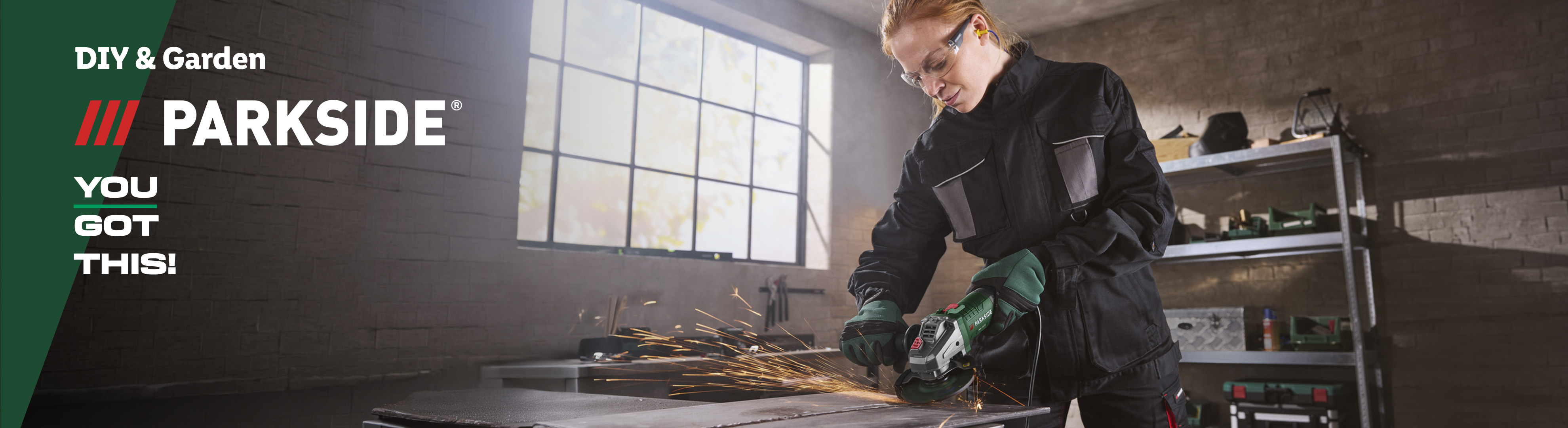 Woman using an angle grinder, sparks flying, with DIY & Garden theme: 'YOU GOT THIS!'
