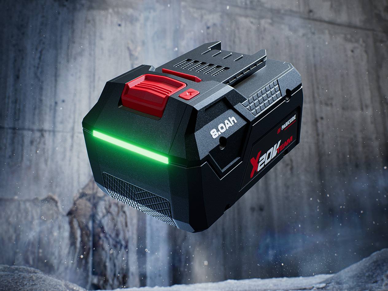 Parkside X 20V Team 8.0Ah battery with a bright green charge indicator.