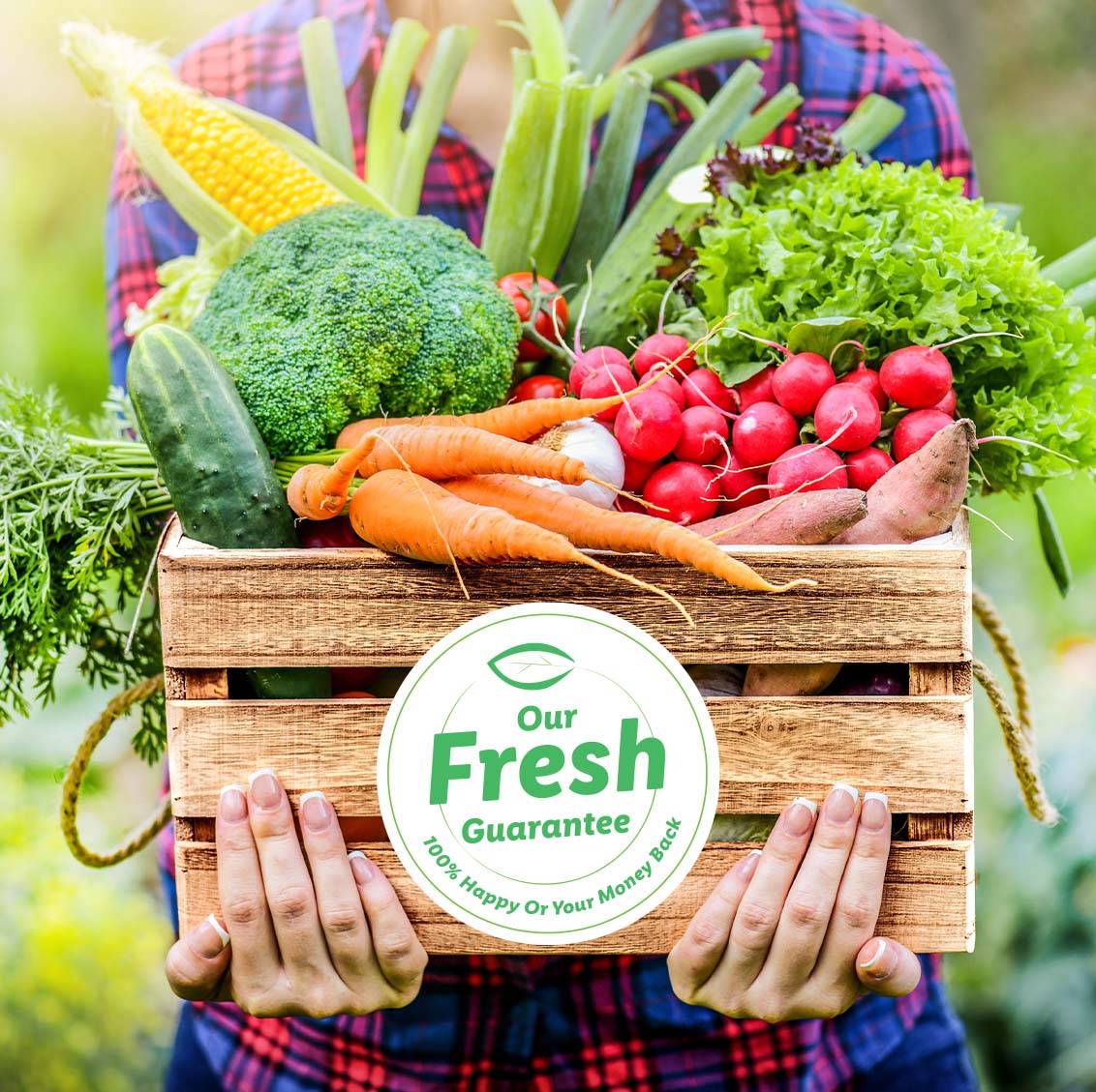 A person holding a wooden crate overflowing with fresh vegetables like broccoli, carrots, radishes, and corn.