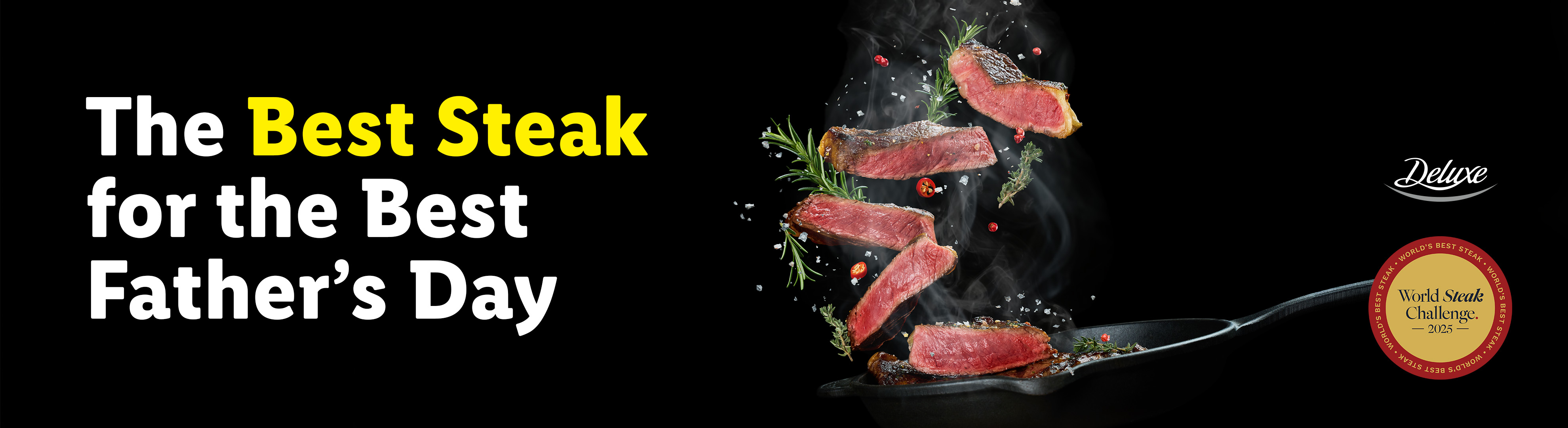 Steak slices with herbs and spices falling into a pan, with text 'The Best Steak for the Best Father's Day'