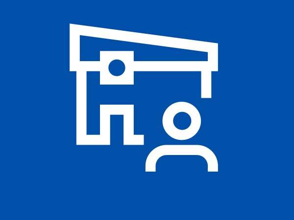 Icon of a house with a person standing in front, representing home and customer service.