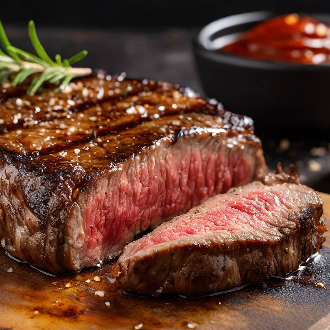 Perfectly cooked steak, sliced to show its pink interior, seasoned with salt and rosemary.