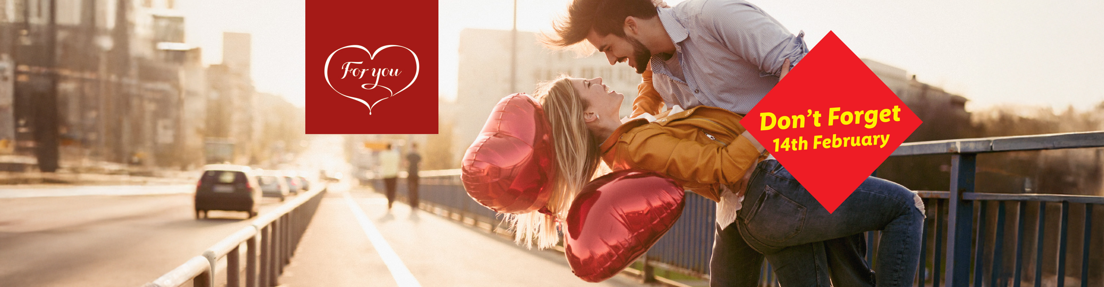 A couple embracing with red heart balloons, with text 'For you' and 'Don't Forget 14th February'.