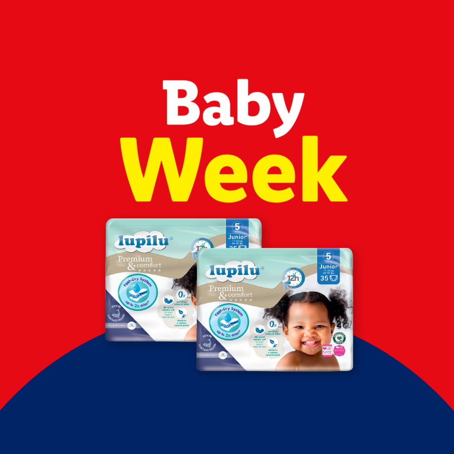 Two packs of junior diapers with a baby's face, against a red background with 'Baby Week' text.