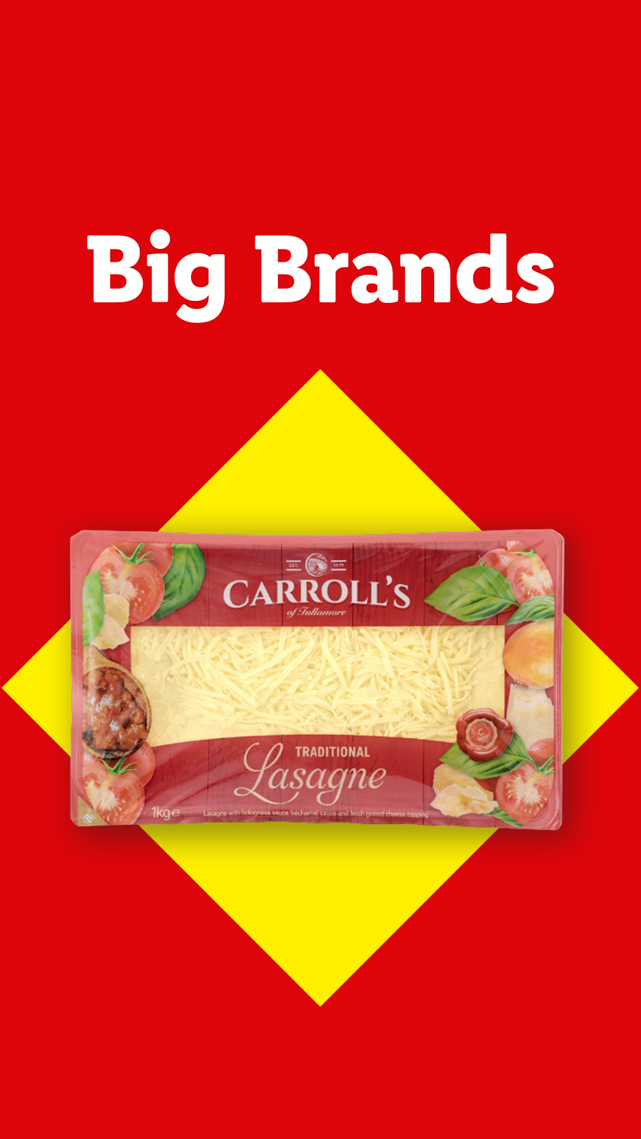 A package of traditional lasagna with bolognese sauce and cheese topping, on a red and yellow background with the text 'Big Brands'.