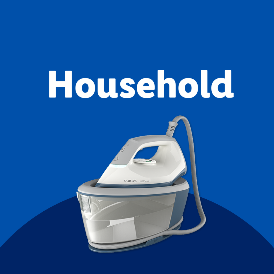 Household appliances: a steam iron with a water tank on a blue background.