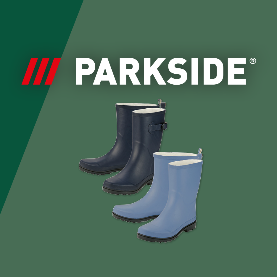 Two pairs of blue wellington boots, one dark and one light, on a green background.