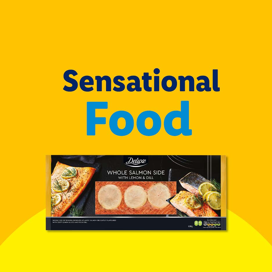 Sensational Food: Whole salmon side with lemon and dill in packaging.