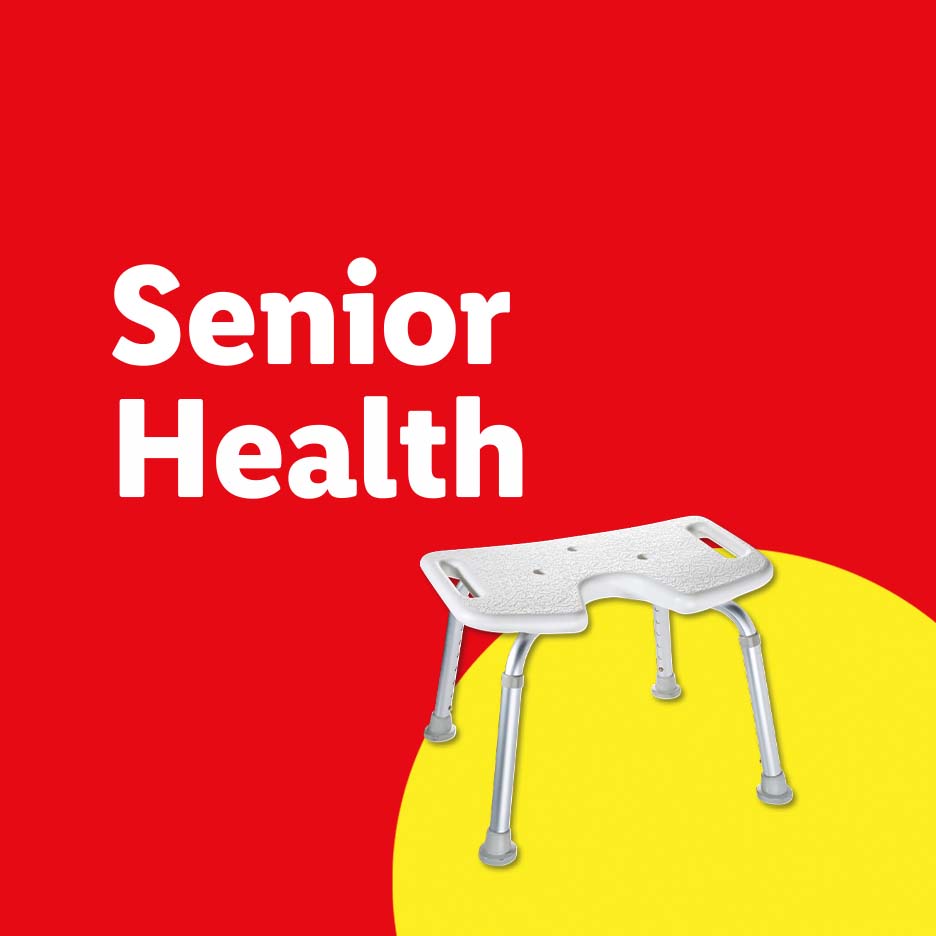 Senior Health: White shower chair on a red and yellow background.