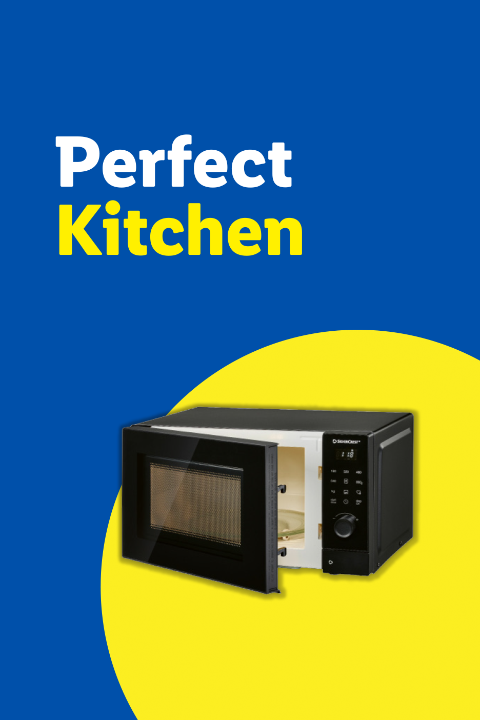 A black microwave oven with an open door on a yellow and blue background, with text 'Perfect Kitchen'.