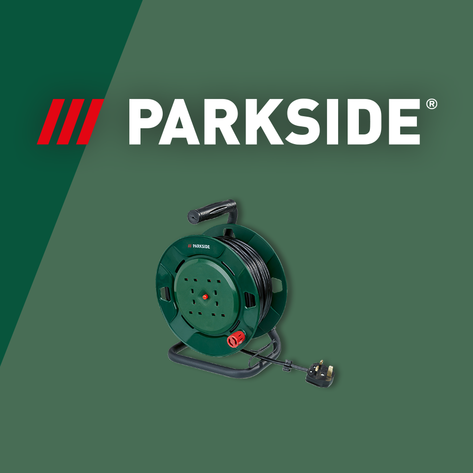 Green cable reel with multiple sockets and a plug, set against a dark green background.