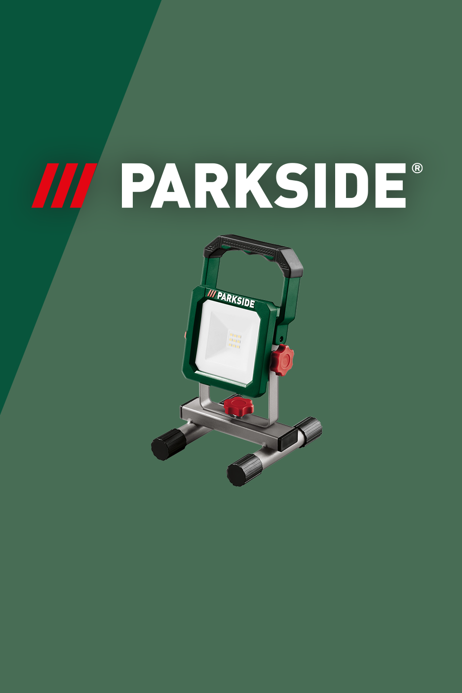 Green and grey portable LED work light with a stand, featuring a prominent logo and text.