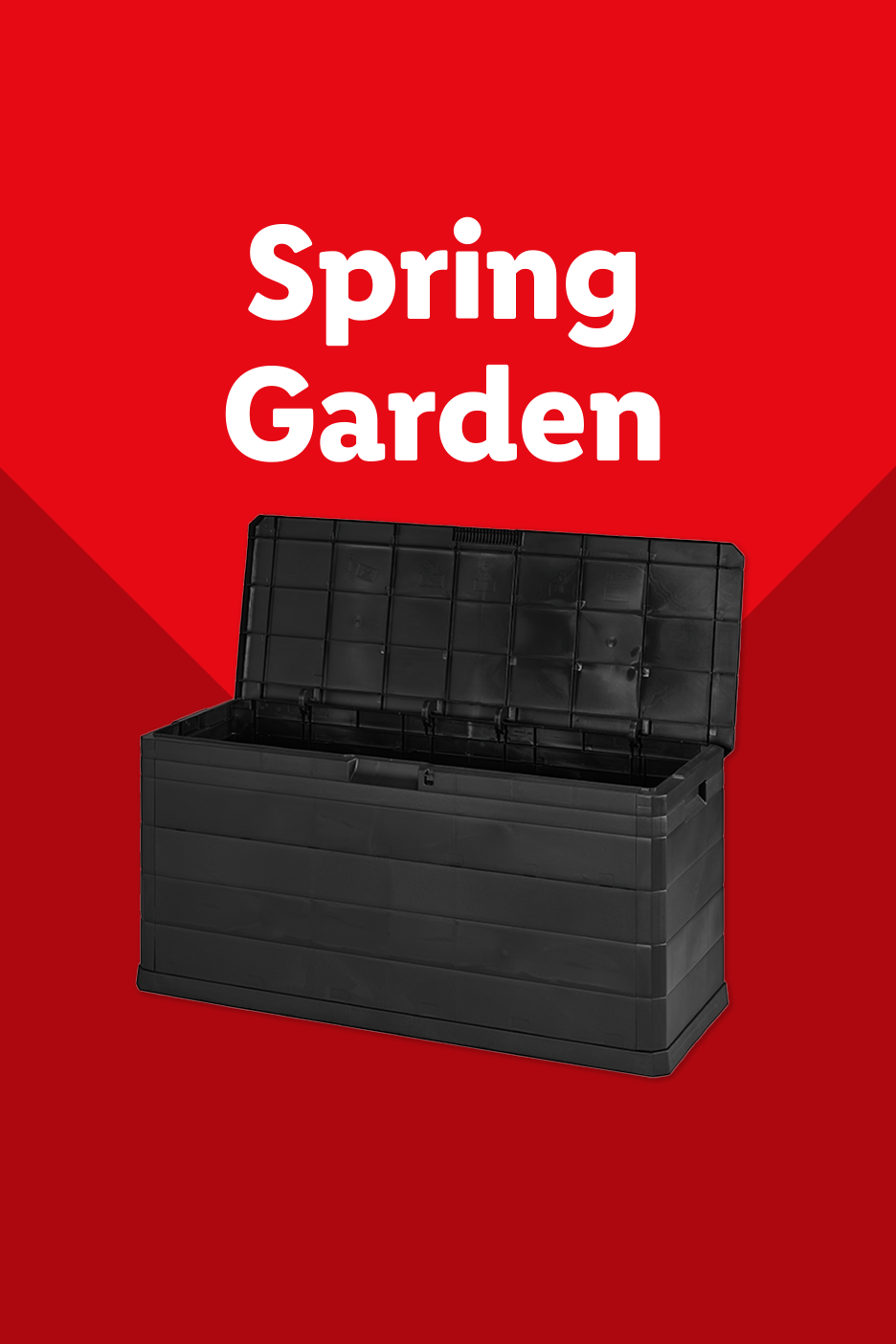 Black garden storage box with an open lid on a red background with 'Spring Garden' text.