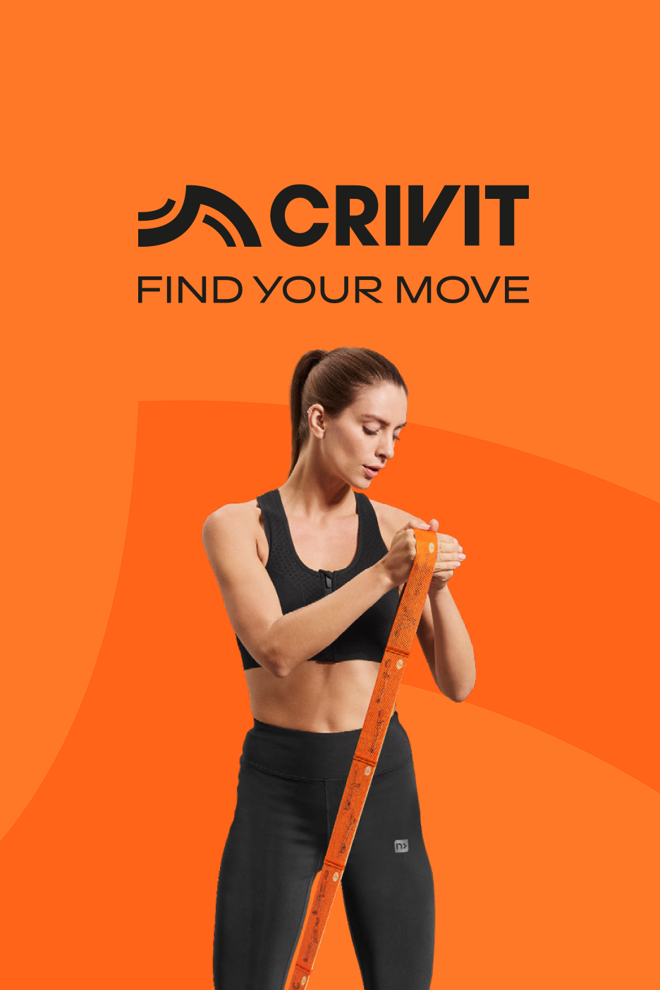 Woman in sportswear holding an orange resistance band, with text 'FIND YOUR MOVE'.