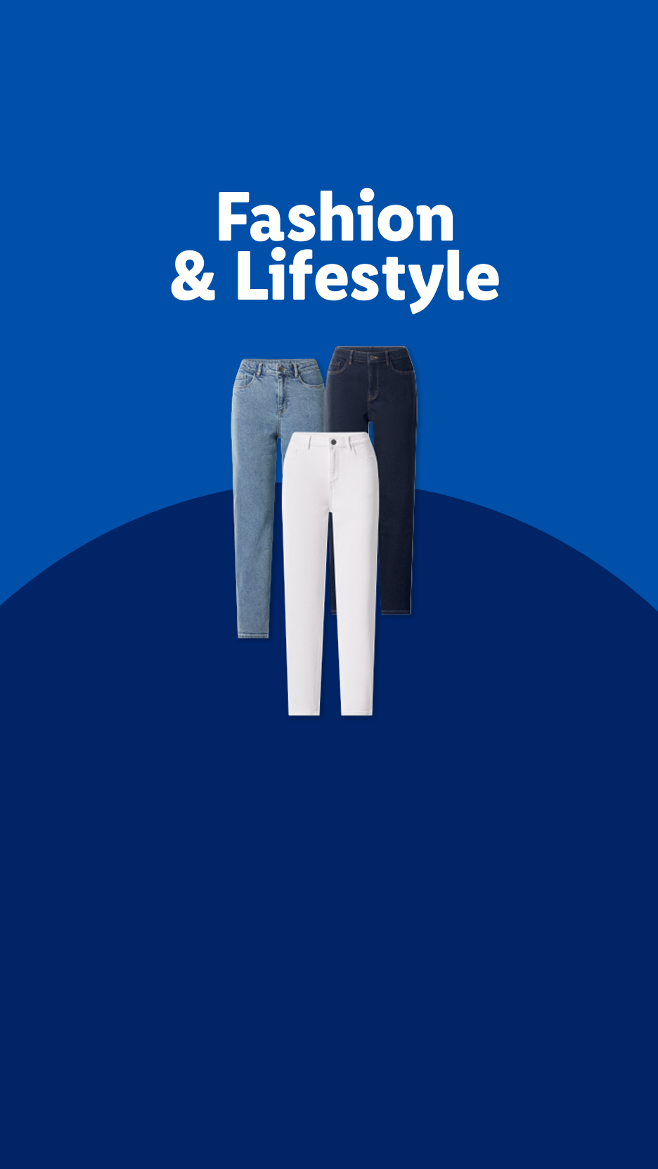 Fashion & Lifestyle: Three pairs of jeans in light blue, white, and dark blue.