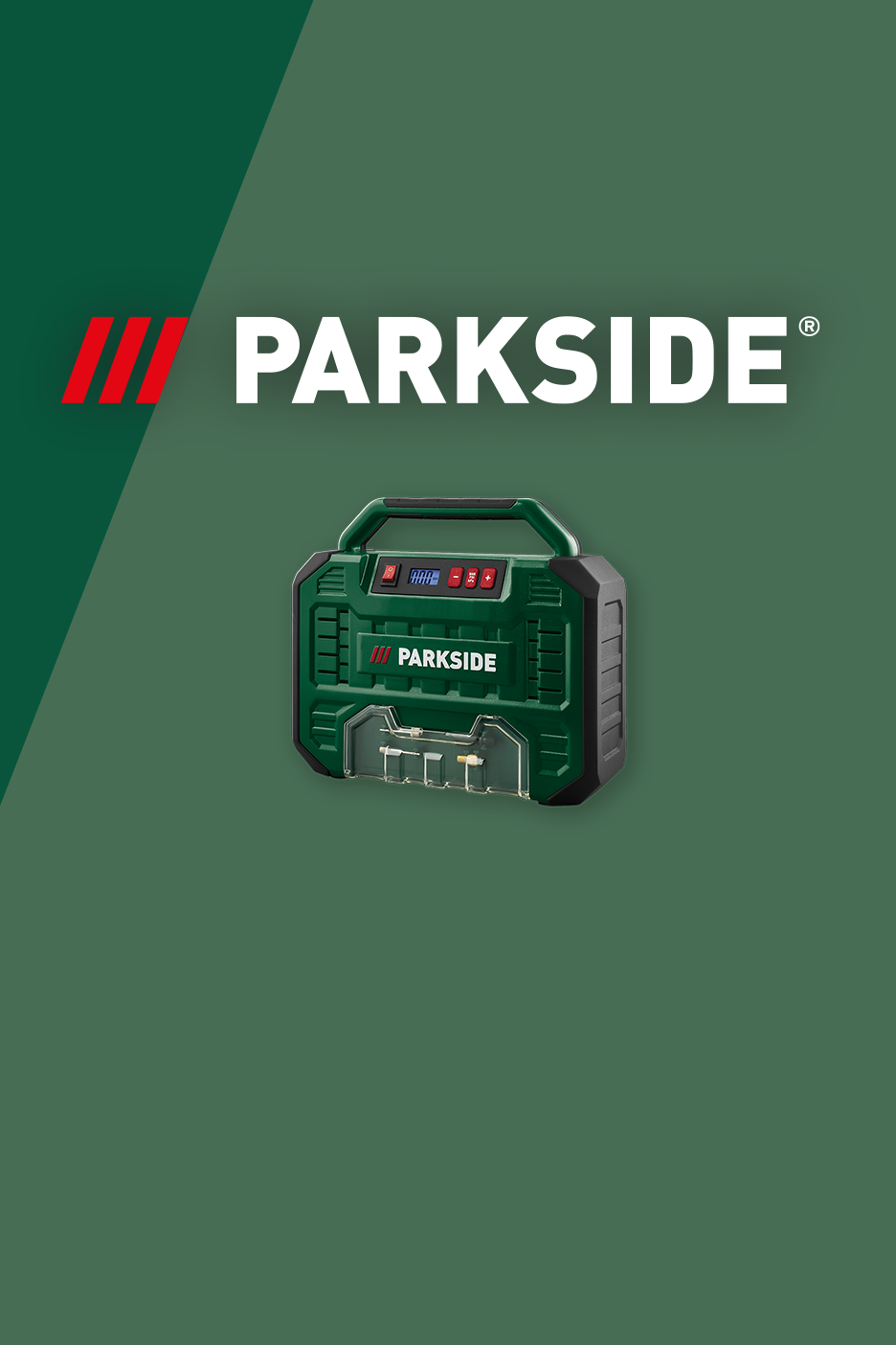 Green and black portable air compressor with a digital display, set against a dark green background.