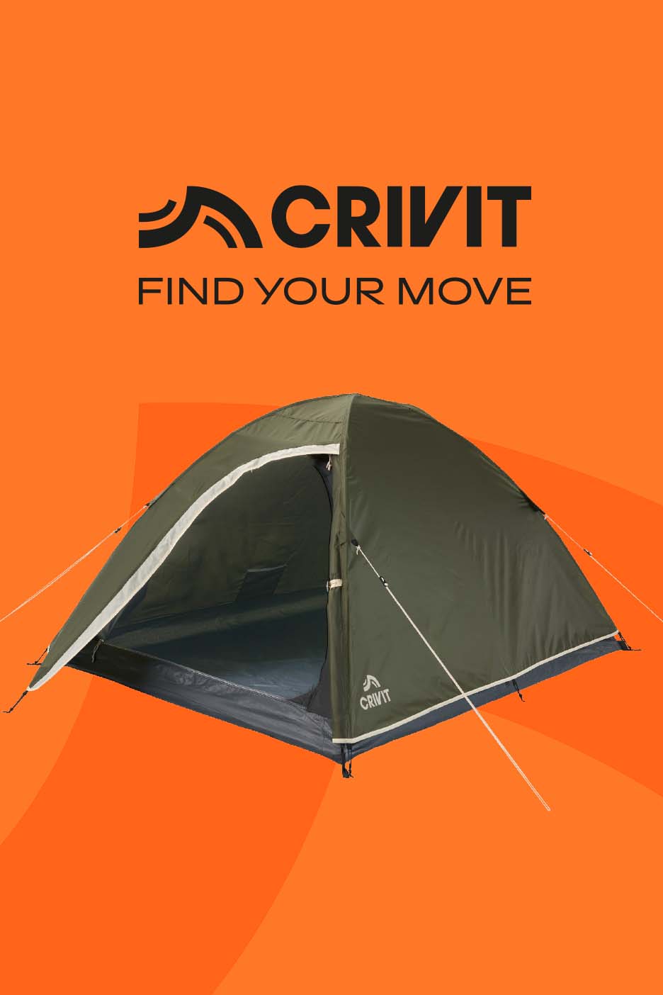 A green dome tent with an open entrance on an orange background with text 'FIND YOUR MOVE'.