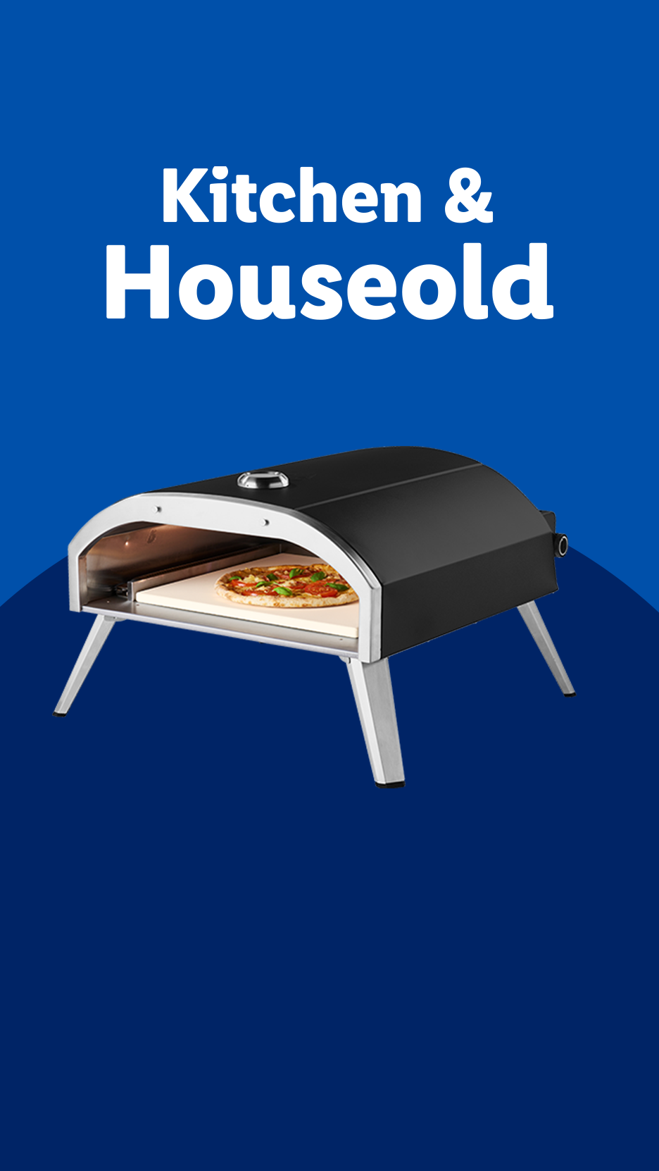 Kitchen & Household: A black outdoor pizza oven with a pizza inside, on a blue background.