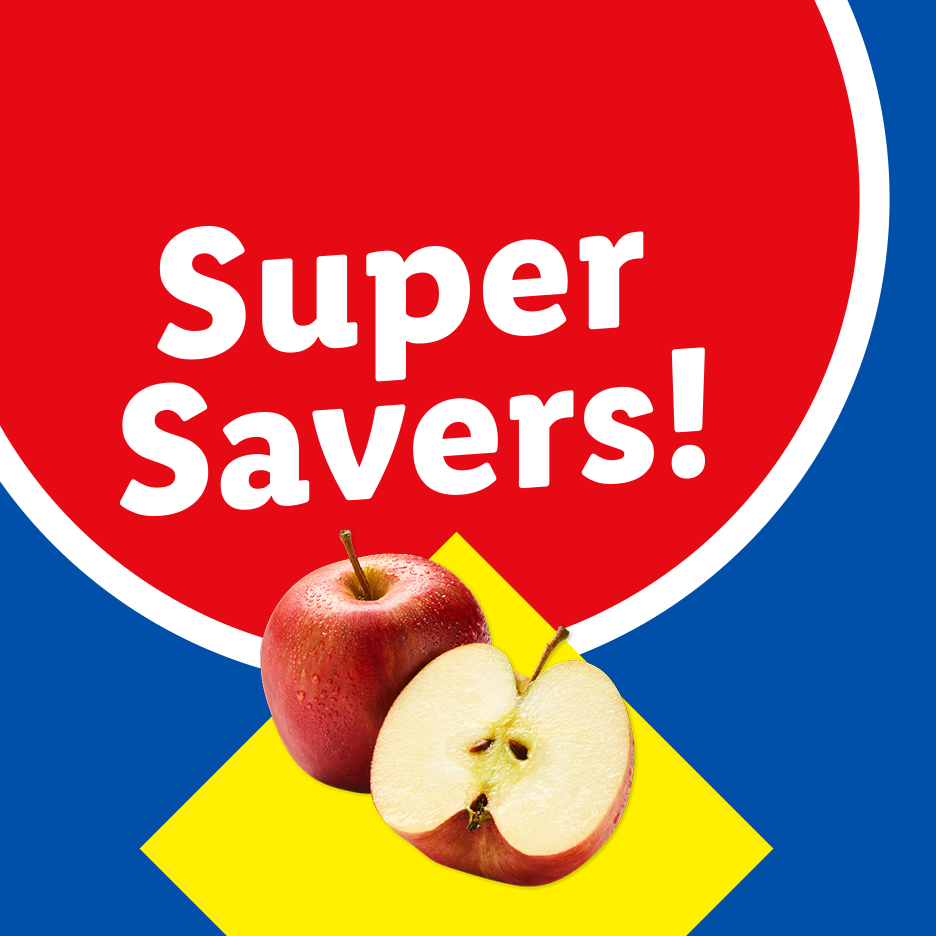 Red apples on a yellow and blue background with a red circle featuring the text 'Super Savers!'