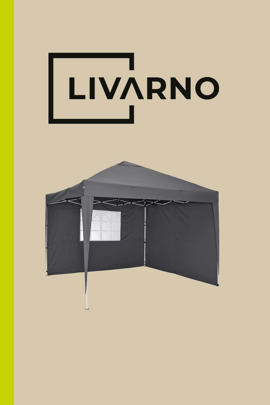 Dark grey pop-up gazebo with a window, set against a beige and green background.