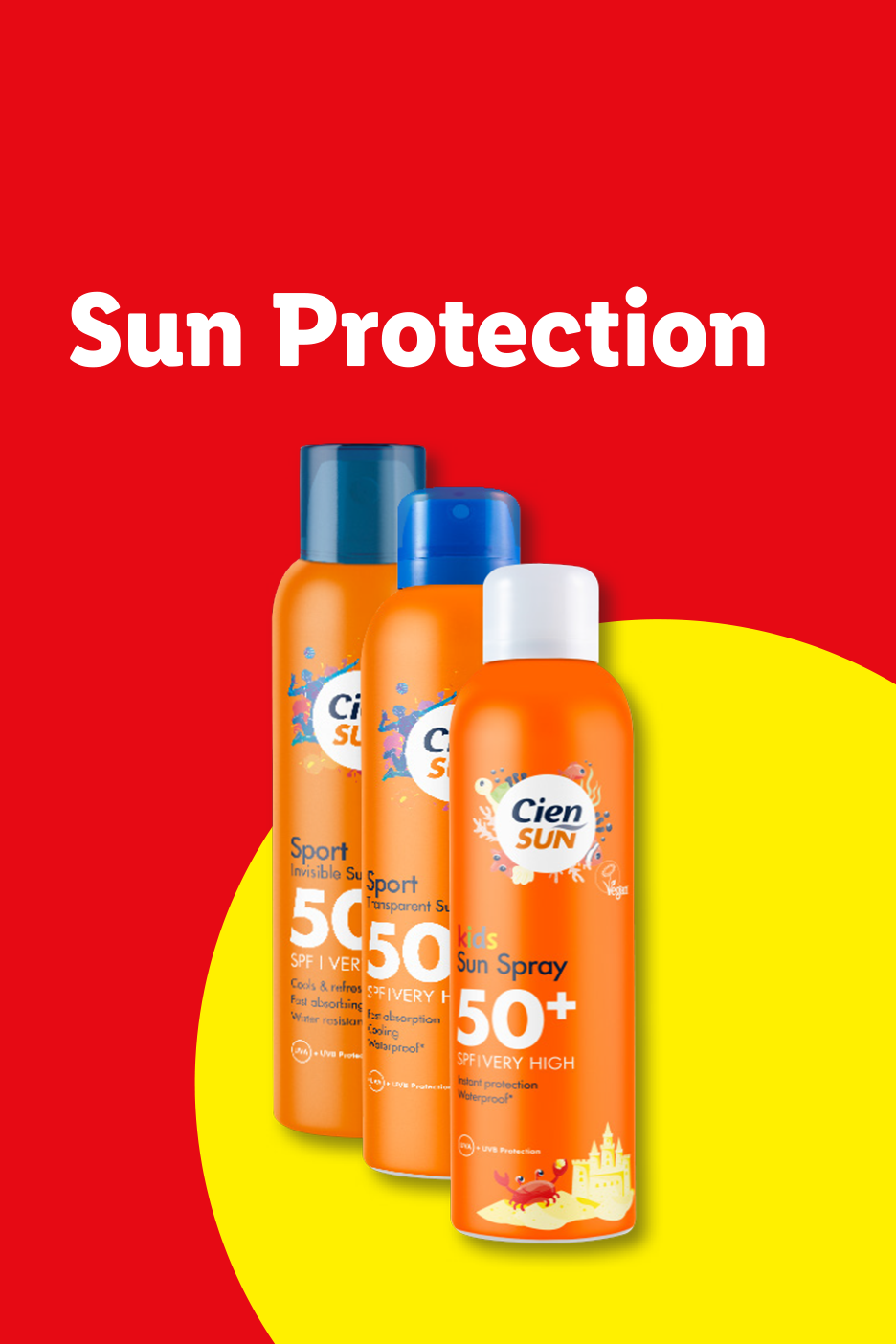 Three bottles of sun protection spray, including sport and kids versions, with SPF 50+.