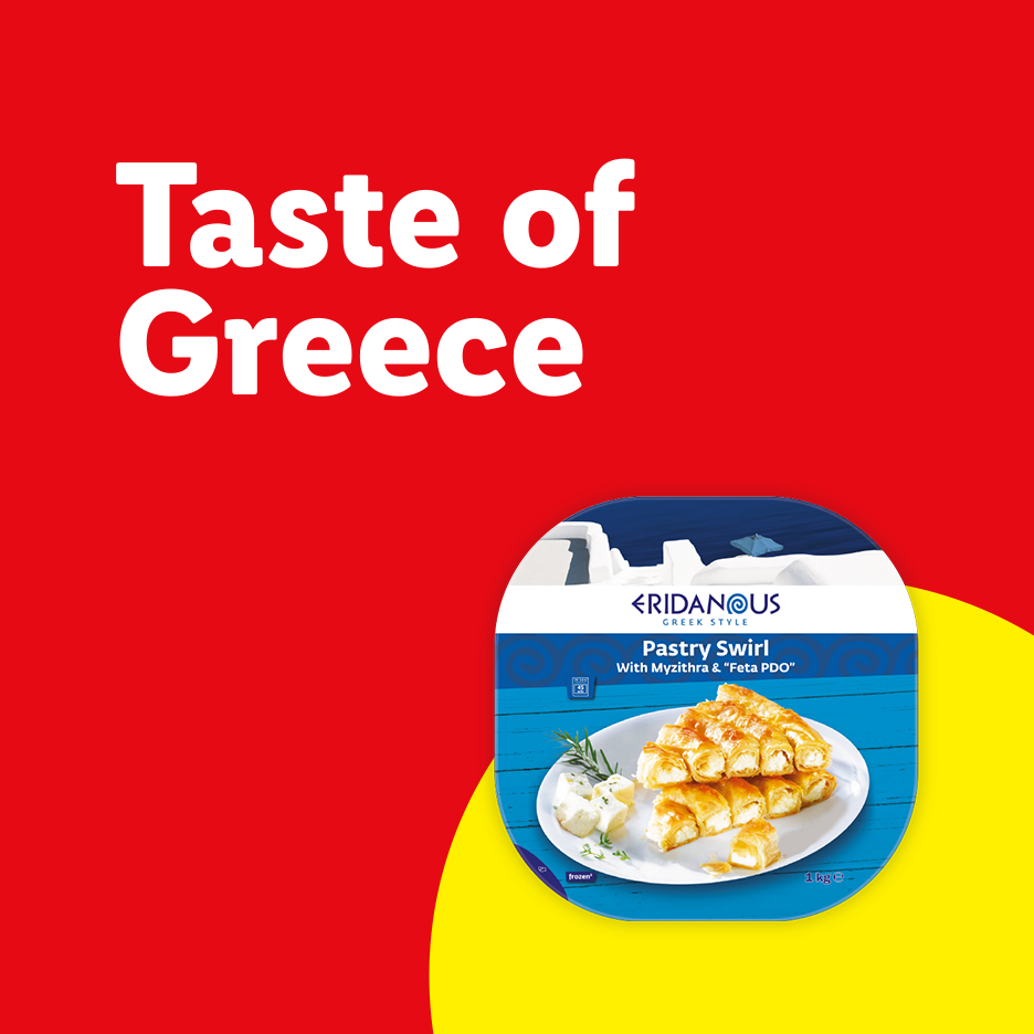 A red background with the text 'Taste of Greece' and a pastry swirl with Myzithra and Feta PDO.