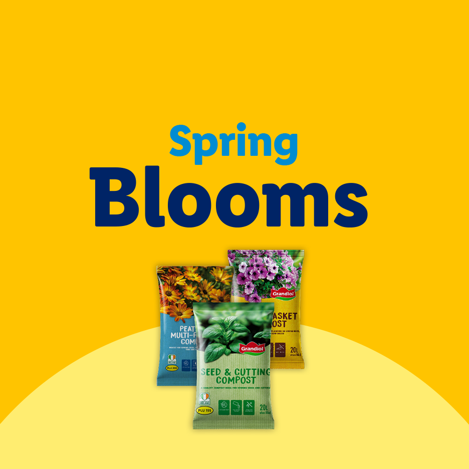 Spring Blooms with bags of peat multi-purpose compost, seed & cutting compost, and basket compost.