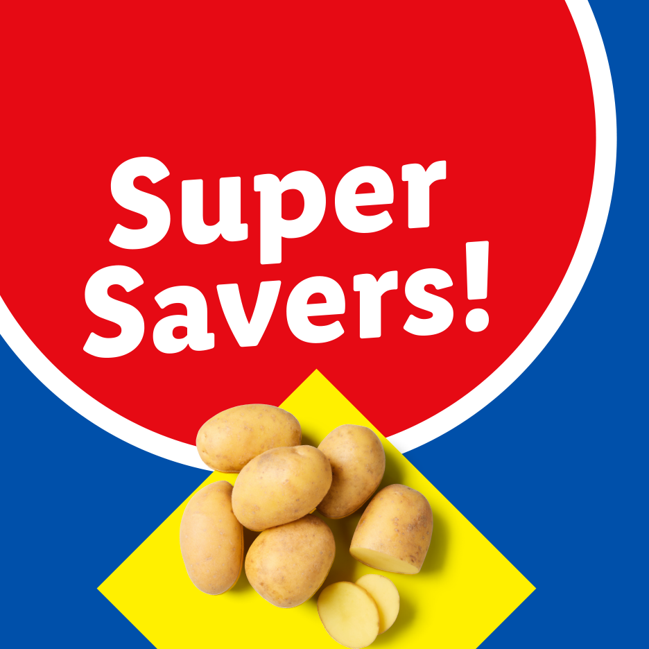 Potatoes on a yellow square with a red circle saying 'Super Savers!' on a blue background.