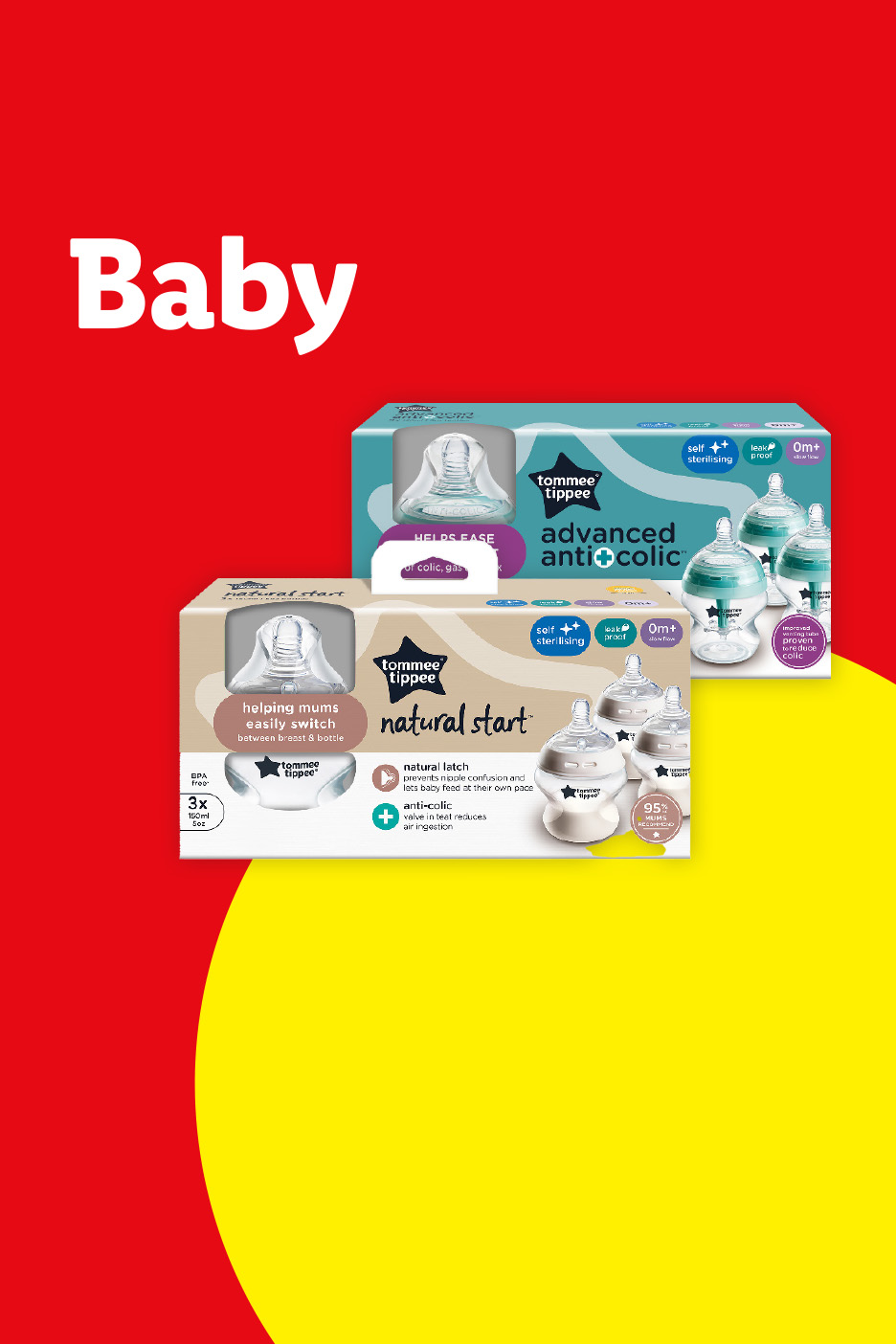 Baby bottles for natural start and advanced anti-colic feeding, helping mums switch between breast and bottle.