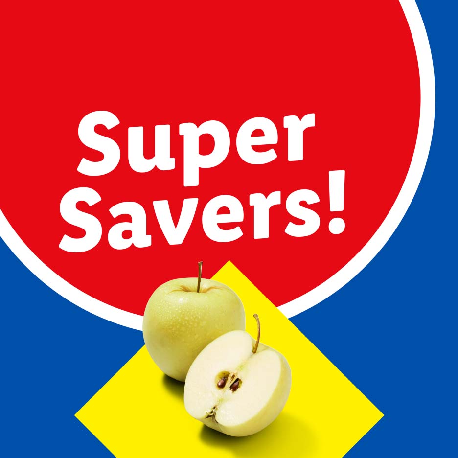Green apples on a yellow square with a red circle saying 'Super Savers!'