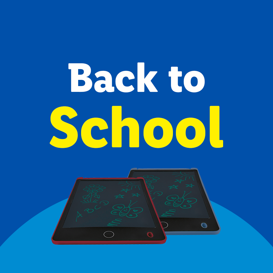 Back to School text with two drawing tablets on a blue background.