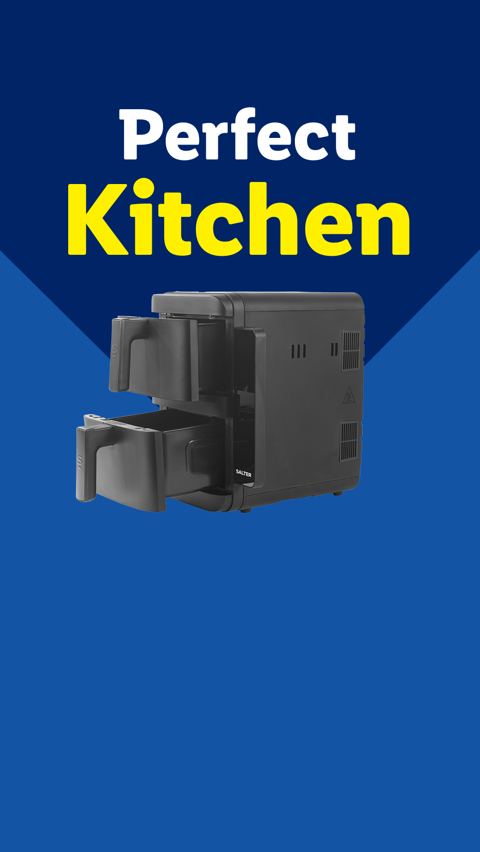 Black dual air fryer with 'Perfect Kitchen' text on a blue background.