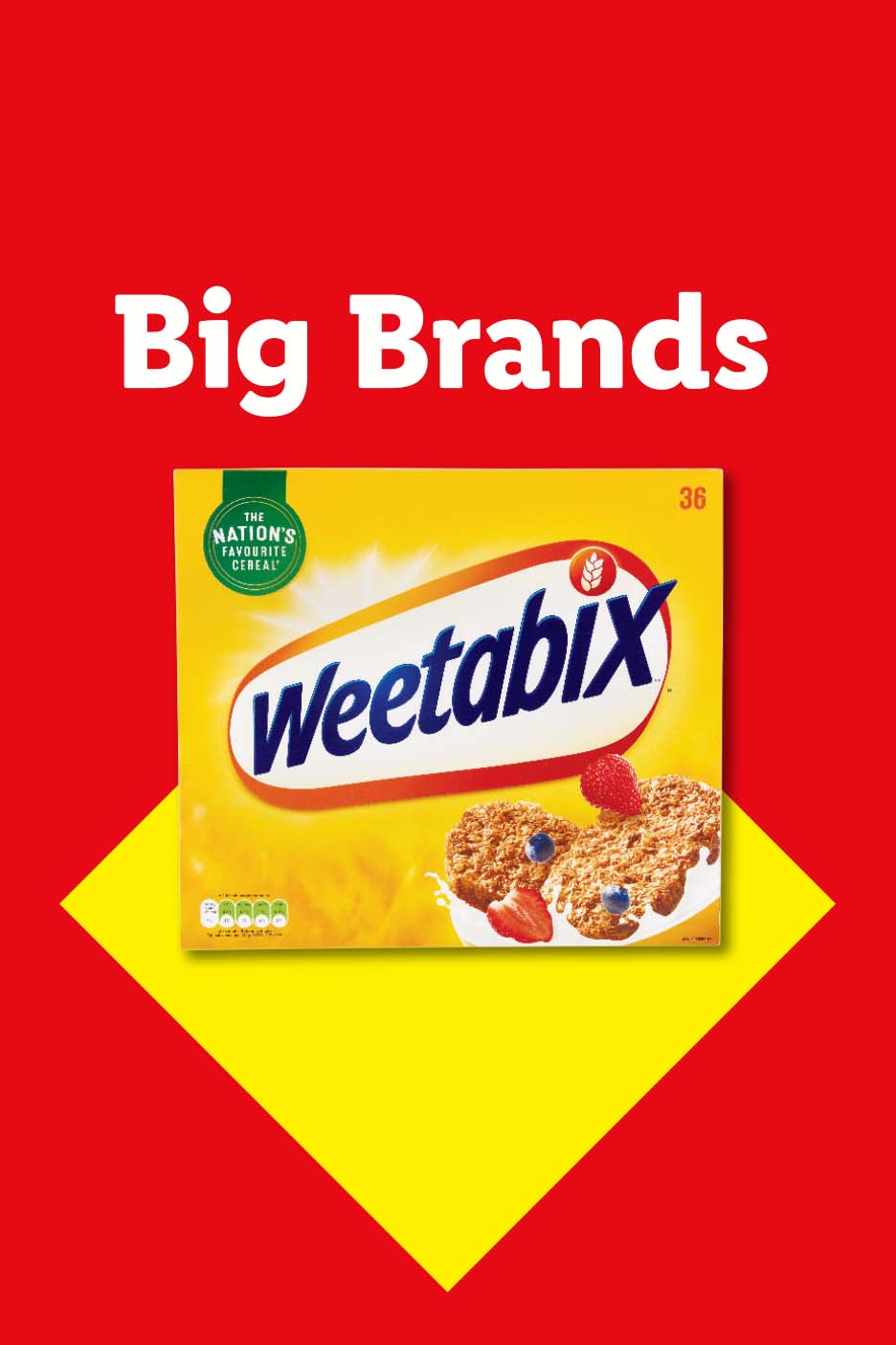 Cereal box with the text 'Big Brands' on a red and yellow background.